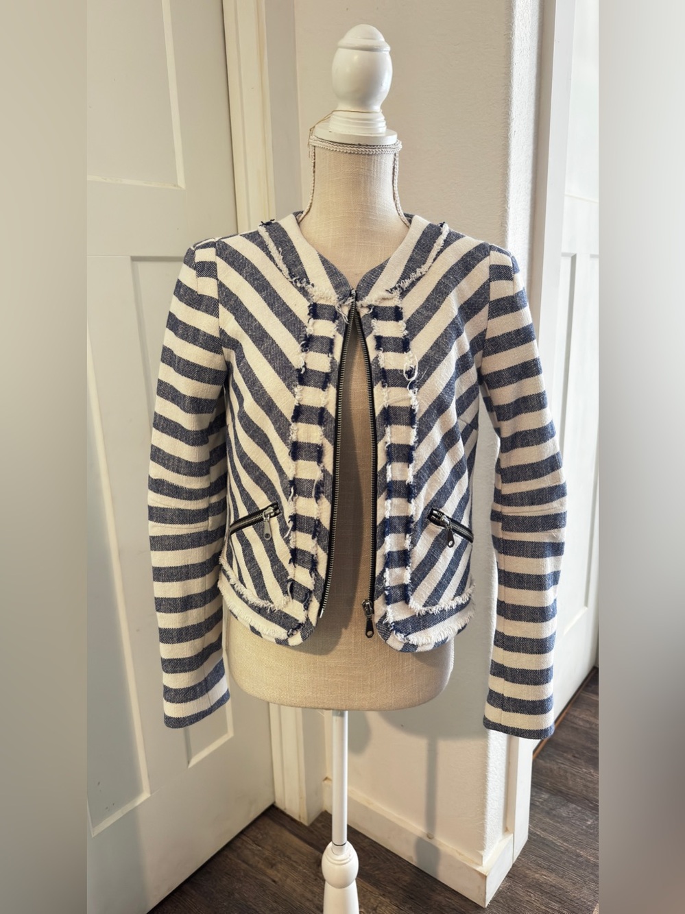Rebecca Minkoff Salinas Striped Tweed Jacket Navy Cream Frayed Zip Crop Blazer
